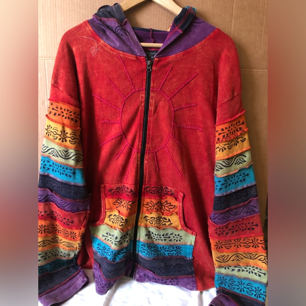Greater Good Patchwork Hippie Hoodie Full Zip Up Nepal Boho Festival size 2X